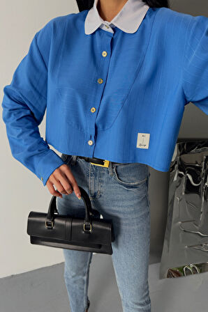 CROP GÖMLEK BEYAZ YAKA VE ETİKET DETAYLI - Mavi