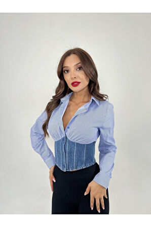 6963 GÖMLEK-MAVİ BEYAZ ÇİZGİLİ