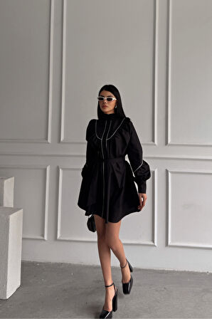 ÖNDEN DÜĞMELİ POPLİN KLOŞ ELBİSE BAĞLAMA KEMER DETAYLI - Siyah