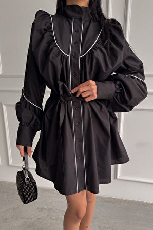 ÖNDEN DÜĞMELİ POPLİN KLOŞ ELBİSE BAĞLAMA KEMER DETAYLI - Siyah