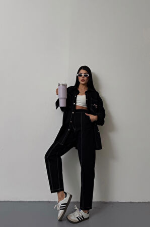 DENİM PUNTOLU GÖMLEK-PANTOLON TAKIM - Pembe