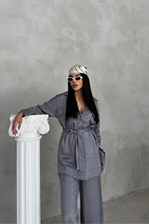 SİMLİ KUMAŞ SALAŞ PANTOLON - GÖMLEK TAKIM - Gri