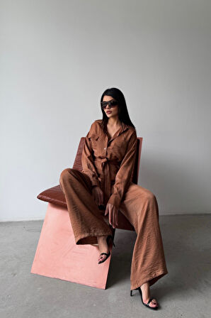 SİMLİ KUMAŞ SALAŞ PANTOLON - GÖMLEK TAKIM - Kahverengi