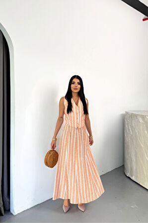 KETEN ÇİZGİLİ YELEK - UZUN ETEK TAKIM - Orange