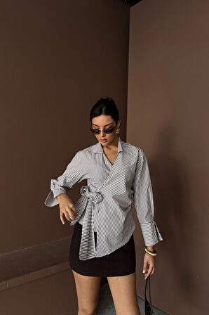 ÇİZGİLİ POPLİN KRUVAZE BAĞLAMALI GÖMLEK - Kahverengi