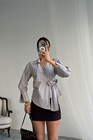 ÇİZGİLİ POPLİN KRUVAZE BAĞLAMALI GÖMLEK - Kahverengi