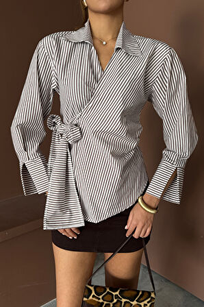 ÇİZGİLİ POPLİN KRUVAZE BAĞLAMALI GÖMLEK - Kahverengi