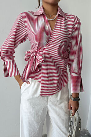 ÇİZGİLİ POPLİN KRUVAZE BAĞLAMALI GÖMLEK - Kırmızı