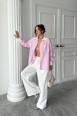 YAKA VE MANŞET BEYAZ  BOYFRİEND ÇİZGİLİ  POPLİN GÖMLEK - Pembe