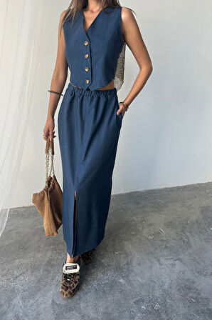 TENCEL YELEK - YIRTMAÇLI ETEK TAKIM - İndigo