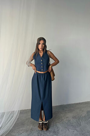 TENCEL YELEK - YIRTMAÇLI ETEK TAKIM - İndigo