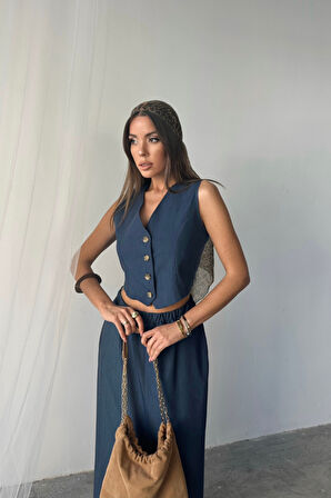 TENCEL YELEK - YIRTMAÇLI ETEK TAKIM - İndigo