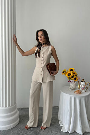 KETEN YELEK - PANTOLON TAKIM - Bej