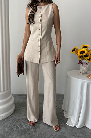 KETEN YELEK - PANTOLON TAKIM - Bej