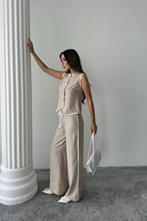 KETEN KENARLARI BİYELİ YELEK - PANTOLON TAKIM - Bej