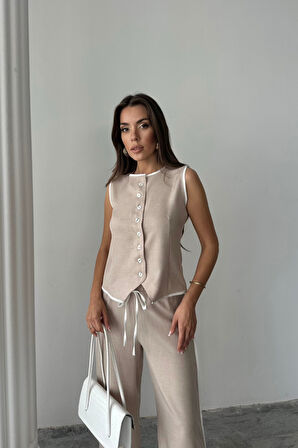 KETEN KENARLARI BİYELİ YELEK - PANTOLON TAKIM - Bej