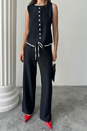 KETEN KENARLARI BİYELİ YELEK - PANTOLON TAKIM - Siyah