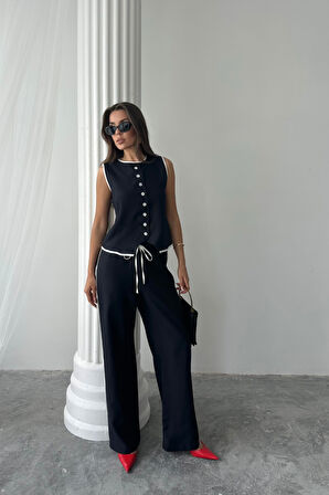 KETEN KENARLARI BİYELİ YELEK - PANTOLON TAKIM - Siyah