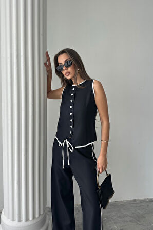 KETEN KENARLARI BİYELİ YELEK - PANTOLON TAKIM - Siyah