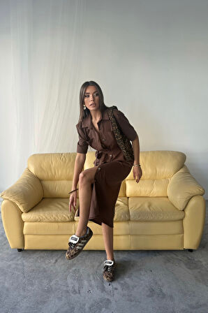 TENCEL ÖNDEN DÜĞMELİ KISA KOL ELBİSE - Kahverengi