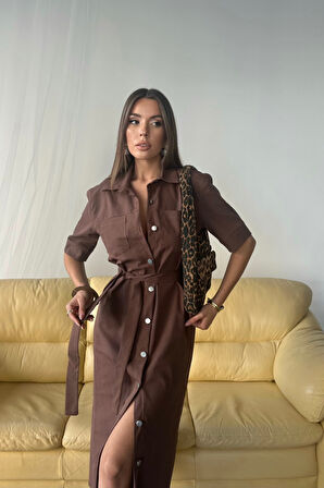 TENCEL ÖNDEN DÜĞMELİ KISA KOL ELBİSE - Kahverengi