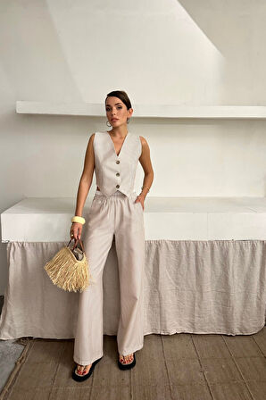 GOFRE ÇİZGİLİ YELEK - PANTOLON TAKIM - Bej