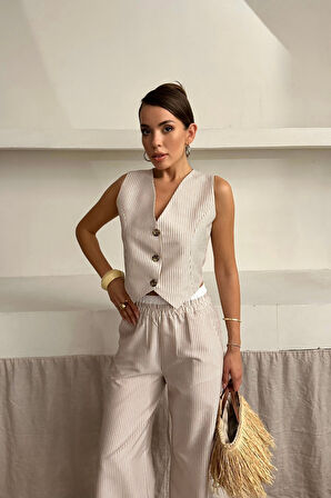 GOFRE ÇİZGİLİ YELEK - PANTOLON TAKIM - Bej