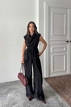 TENCEL MODAL KOLSUZ BLUZ KAPALI CEP DETAYLI DÖKÜMLÜ - PANTOLON TAKIM - Siyah