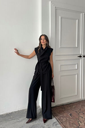 TENCEL MODAL KOLSUZ BLUZ KAPALI CEP DETAYLI DÖKÜMLÜ - PANTOLON TAKIM - Siyah