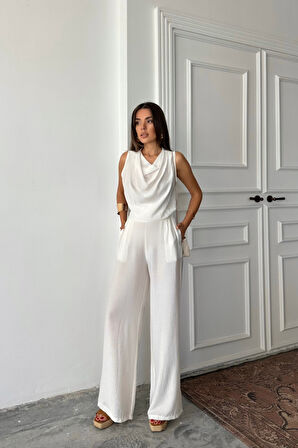 DEGAJE YAKA KOLSUZ BLUZ - PANTOLON TAKIM - Beyaz