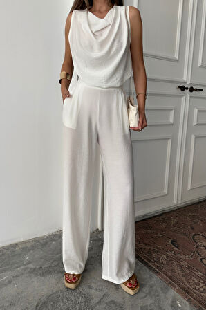 DEGAJE YAKA KOLSUZ BLUZ - PANTOLON TAKIM - Beyaz