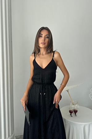 JAKAR SATEN DEGAJE ASKILI ELBİSE İP KEMERLİ - Siyah