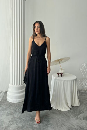 JAKAR SATEN DEGAJE ASKILI ELBİSE İP KEMERLİ - Siyah