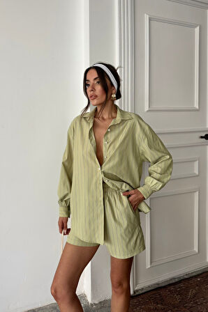 POPLİN ÇİZGİLİ GÖMLEK - ŞORT TAKIM - Yeşil