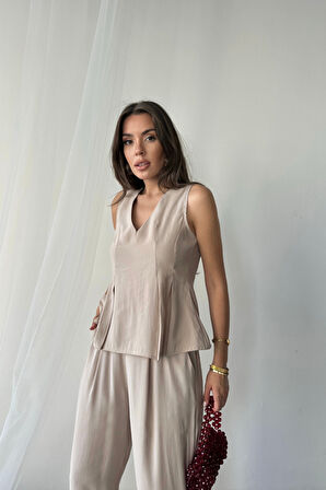 V YAKA KOLSUZ BLUZ - PANTOLON TAKIM MODAL KUMAŞ - Bej