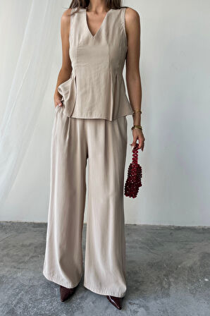 V YAKA KOLSUZ BLUZ - PANTOLON TAKIM MODAL KUMAŞ - Bej