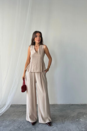 V YAKA KOLSUZ BLUZ - PANTOLON TAKIM MODAL KUMAŞ - Bej