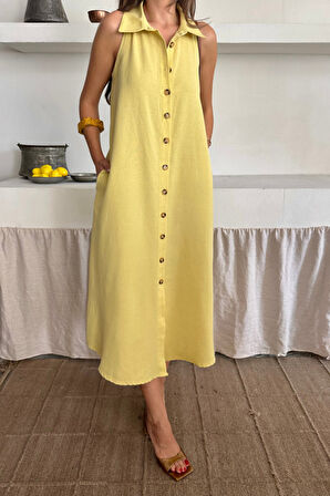 KETEN ÖNDEN DÜĞMELİ KOLSUZ GÖMLEK YAKA ELBİSE - Sarı