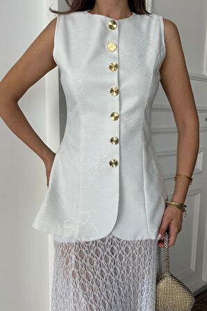 JAKAR KETEN YELEK BELDEN OTURTMALI GOLD DÜĞMELİ - Beyaz