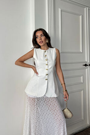 JAKAR KETEN YELEK BELDEN OTURTMALI GOLD DÜĞMELİ - Beyaz