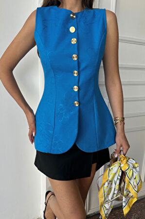 JAKAR KETEN YELEK BELDEN OTURTMALI GOLD DÜĞMELİ - Mavi