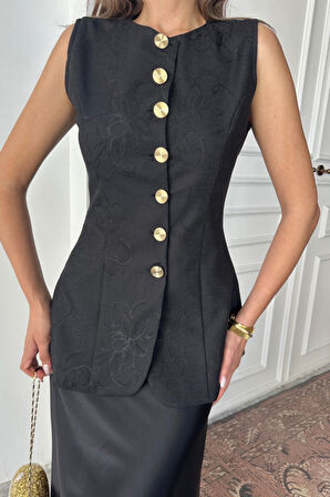 JAKAR KETEN YELEK BELDEN OTURTMALI GOLD DÜĞMELİ - Siyah