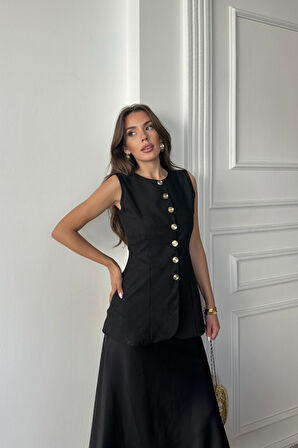 JAKAR KETEN YELEK BELDEN OTURTMALI GOLD DÜĞMELİ - Siyah