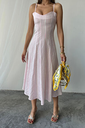 SİMLİ ÇİZGİLİ ASKILI ELBİSE MİDİ BOY - Pembe