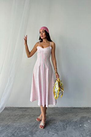 SİMLİ ÇİZGİLİ ASKILI ELBİSE MİDİ BOY - Pembe