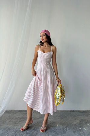 SİMLİ ÇİZGİLİ ASKILI ELBİSE MİDİ BOY - Pembe