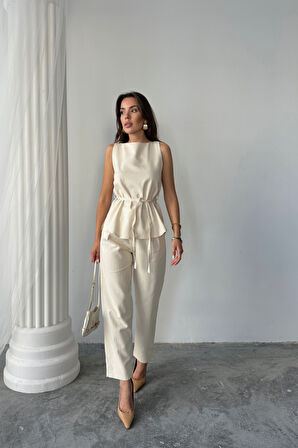 KETEN BLUZ - PANTOLON TAKIM MASSİMO MODEL  SCREAT KUMAŞ - Bej