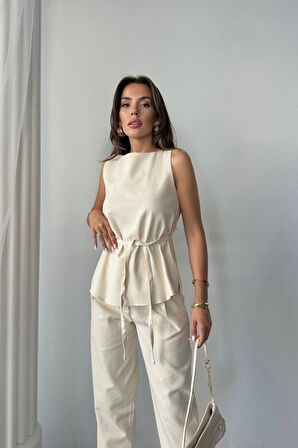 KETEN BLUZ - PANTOLON TAKIM MASSİMO MODEL  SCREAT KUMAŞ - Bej