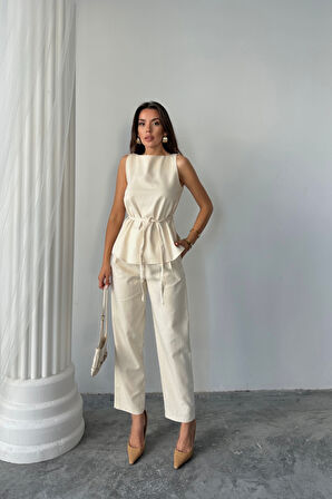 KETEN BLUZ - PANTOLON TAKIM MASSİMO MODEL  SCREAT KUMAŞ - Bej