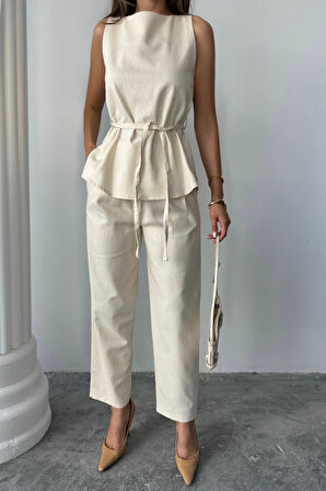 KETEN BLUZ - PANTOLON TAKIM MASSİMO MODEL  SCREAT KUMAŞ - Bej